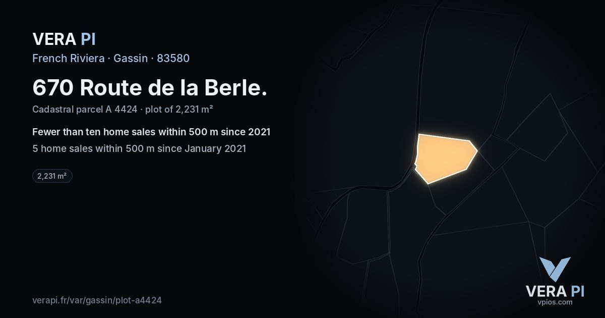 670 Route de la Berle, Gassin at night – the plot lit, the parcels around coloured by the prices near them