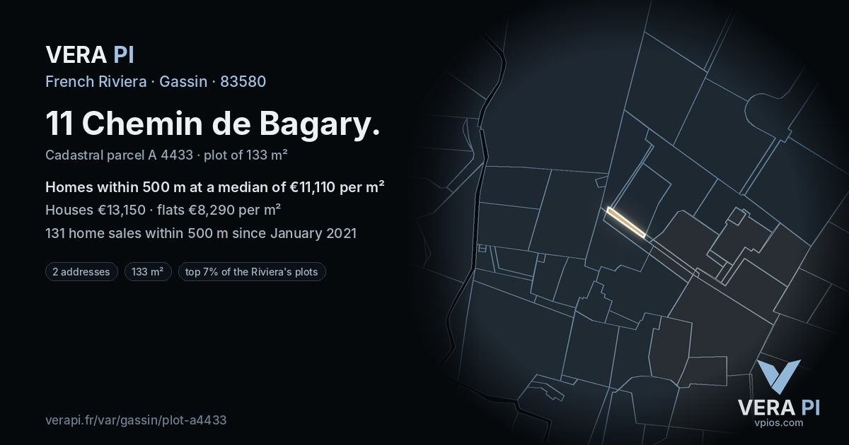 11 Chemin de Bagary, Gassin at night – the plot lit, the parcels around coloured by the prices near them