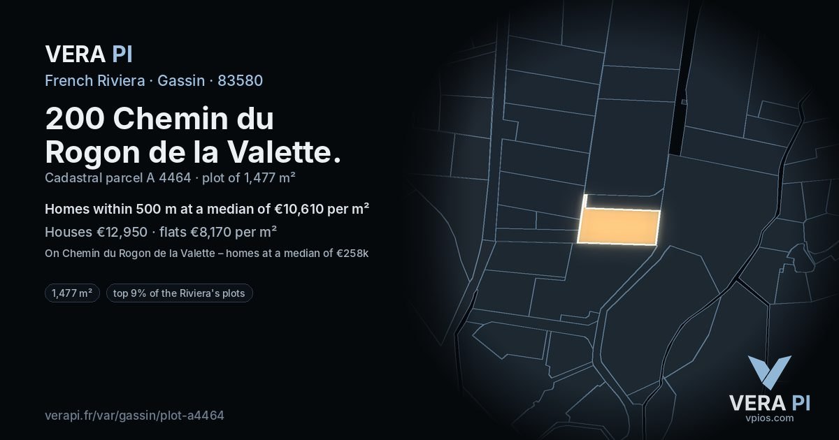 200 Chemin du Rogon de la Valette, Gassin at night – the plot lit, the parcels around coloured by the prices near them