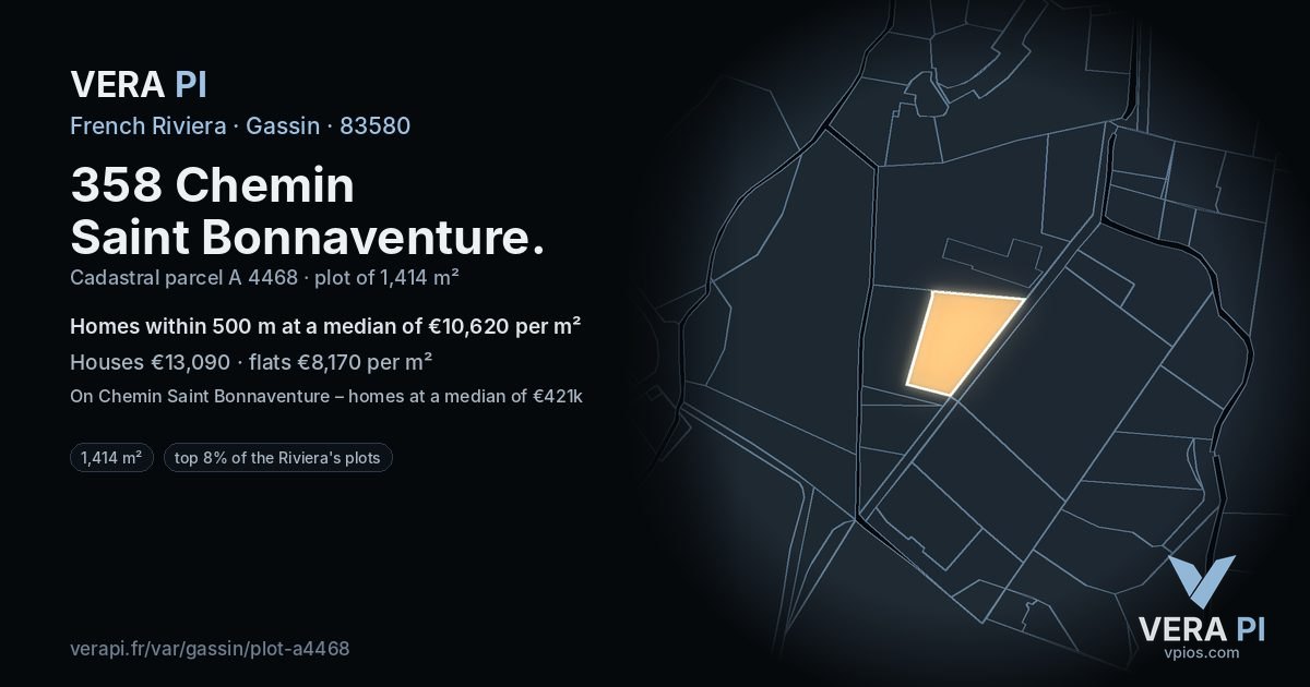 358 Chemin Saint Bonnaventure, Gassin at night – the plot lit, the parcels around coloured by the prices near them