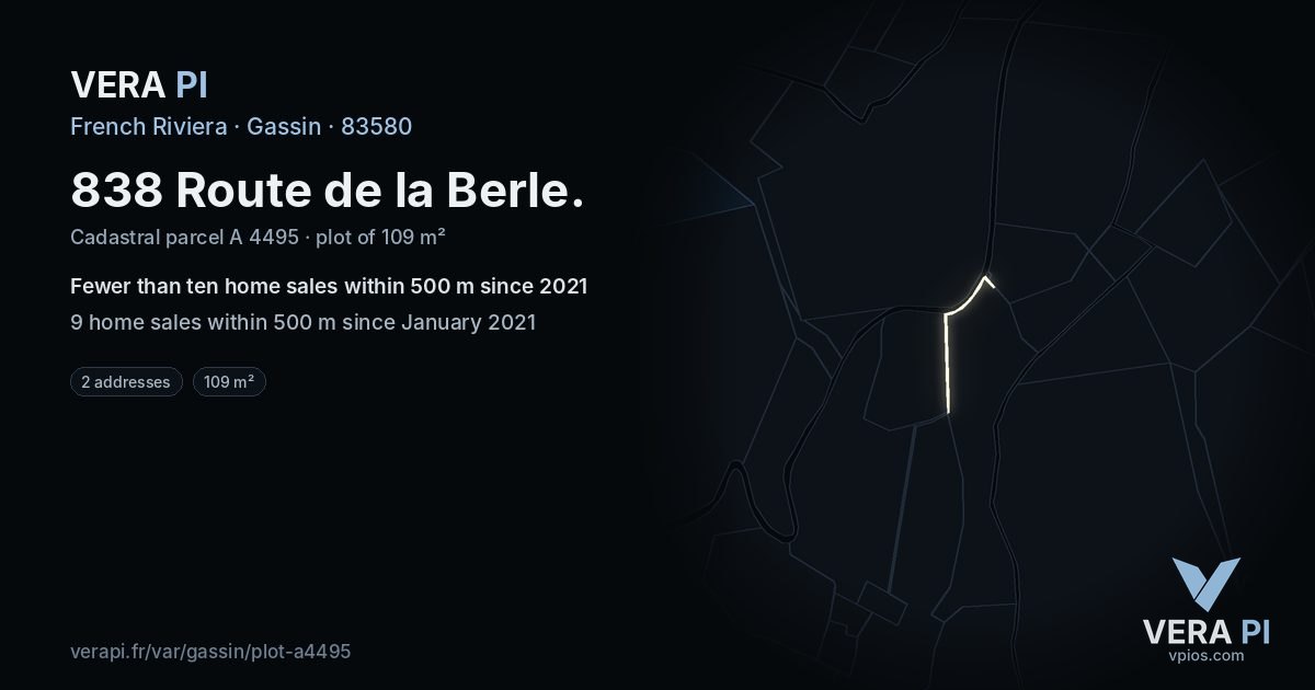 838 Route de la Berle, Gassin at night – the plot lit, the parcels around coloured by the prices near them