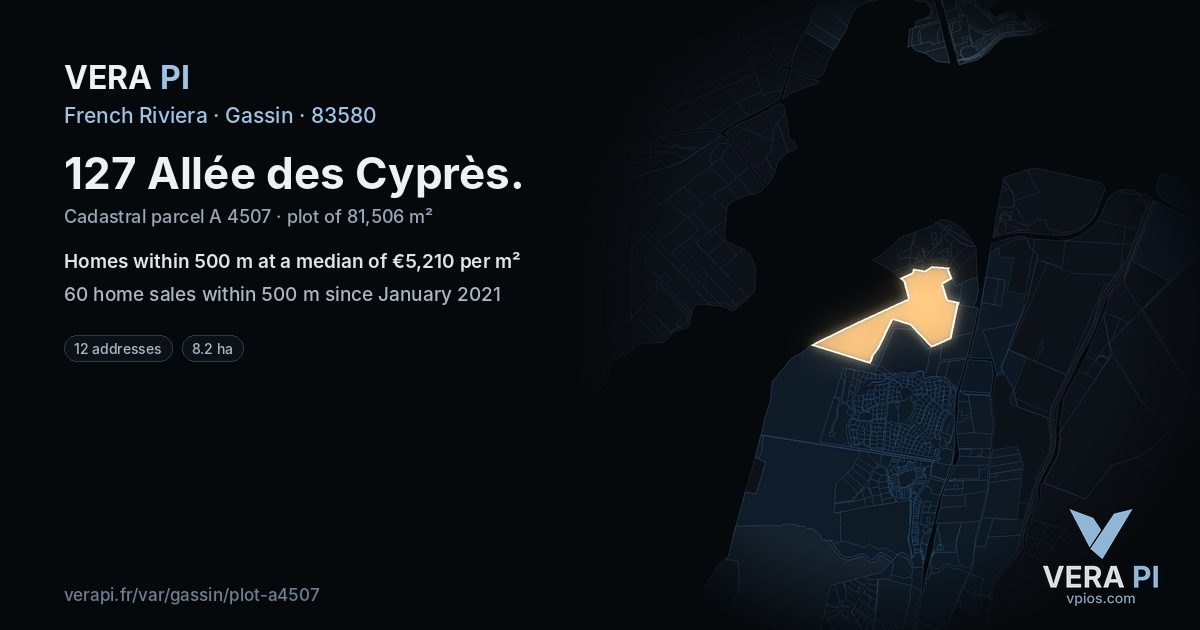127 Allée des Cyprès, Gassin at night – the plot lit, the parcels around coloured by the prices near them