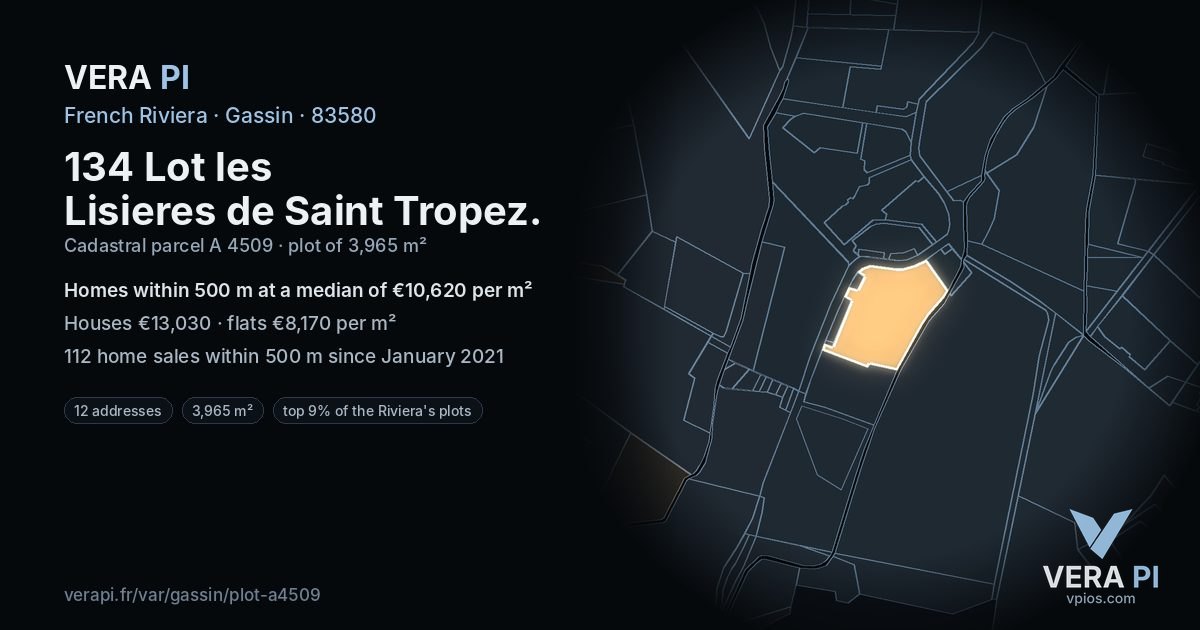 134 Lot les Lisieres de Saint Tropez, Gassin at night – the plot lit, the parcels around coloured by the prices near them