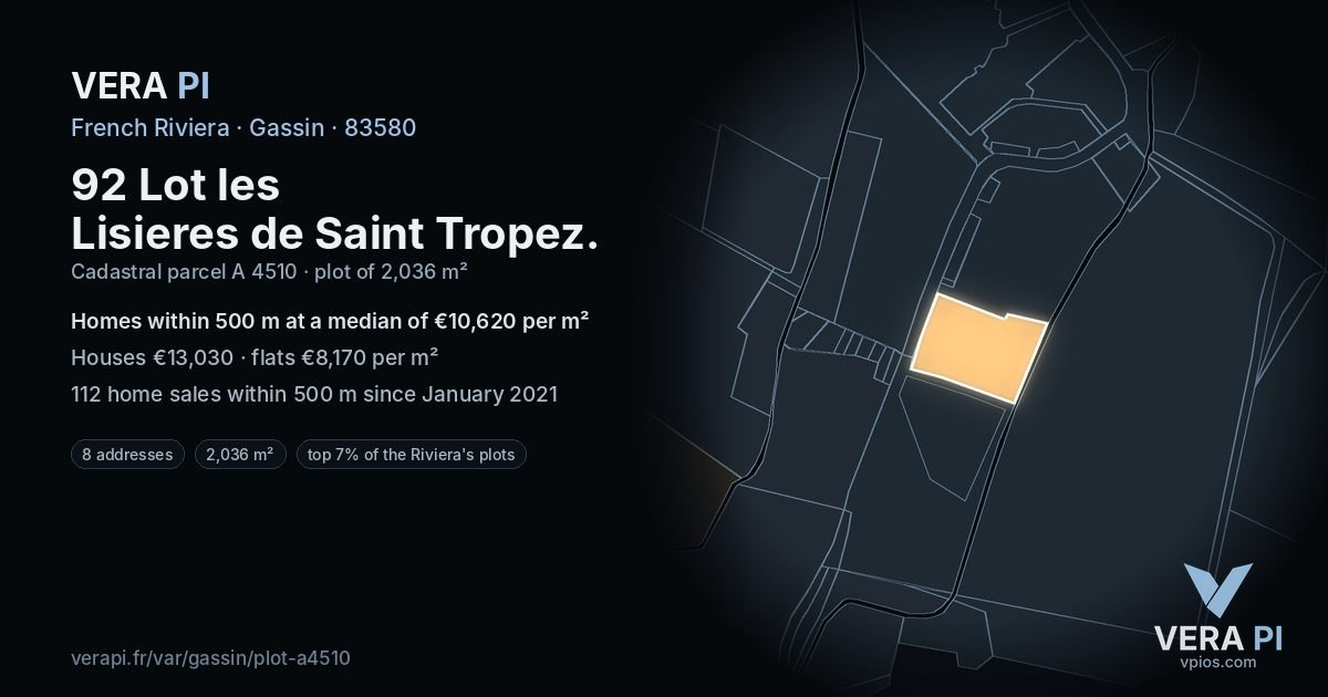 92 Lot les Lisieres de Saint Tropez, Gassin at night – the plot lit, the parcels around coloured by the prices near them