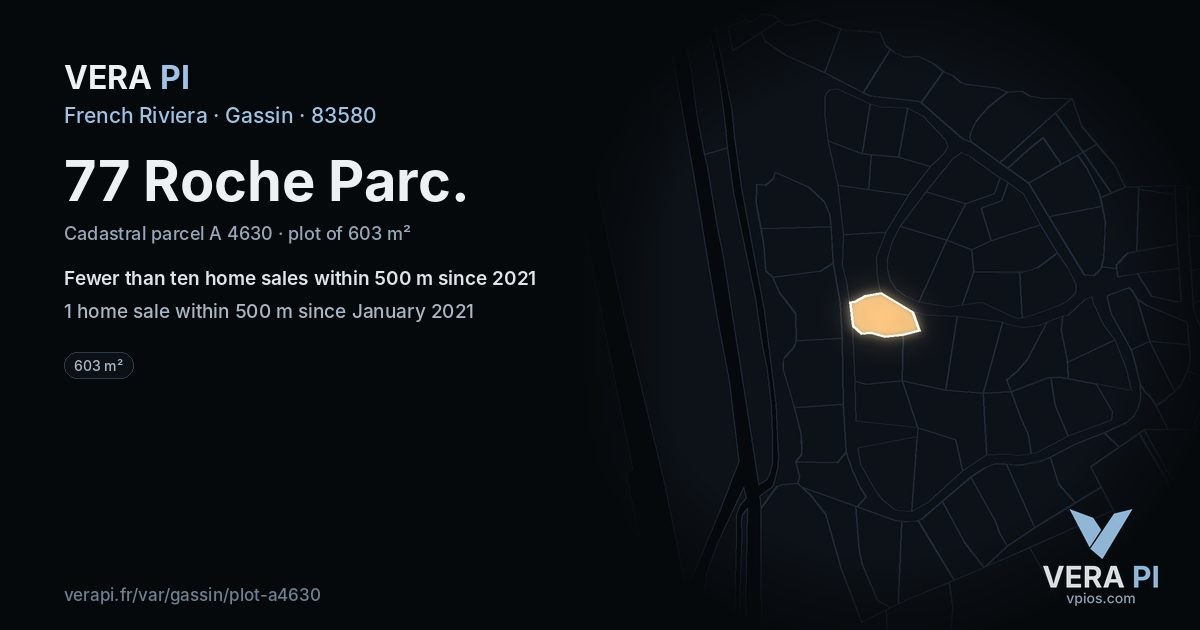 77 Roche Parc, Gassin at night – the plot lit, the parcels around coloured by the prices near them