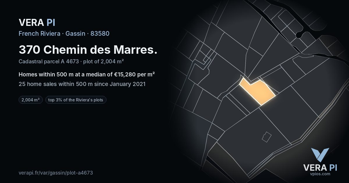 370 Chemin des Marres, Gassin at night – the plot lit, the parcels around coloured by the prices near them