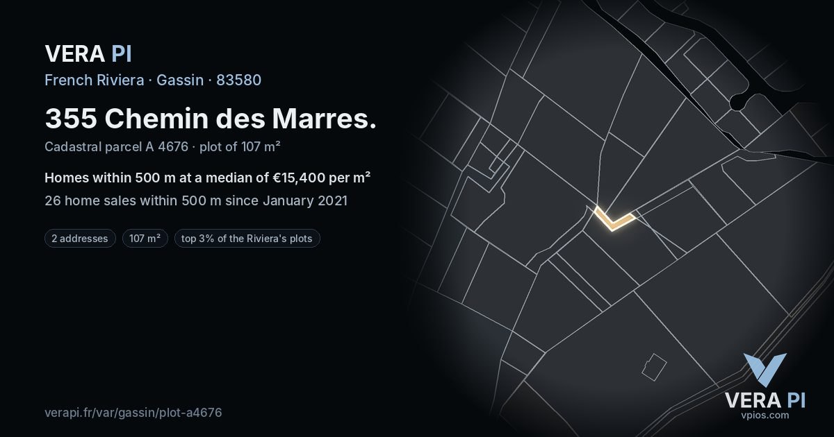 355 Chemin des Marres, Gassin at night – the plot lit, the parcels around coloured by the prices near them