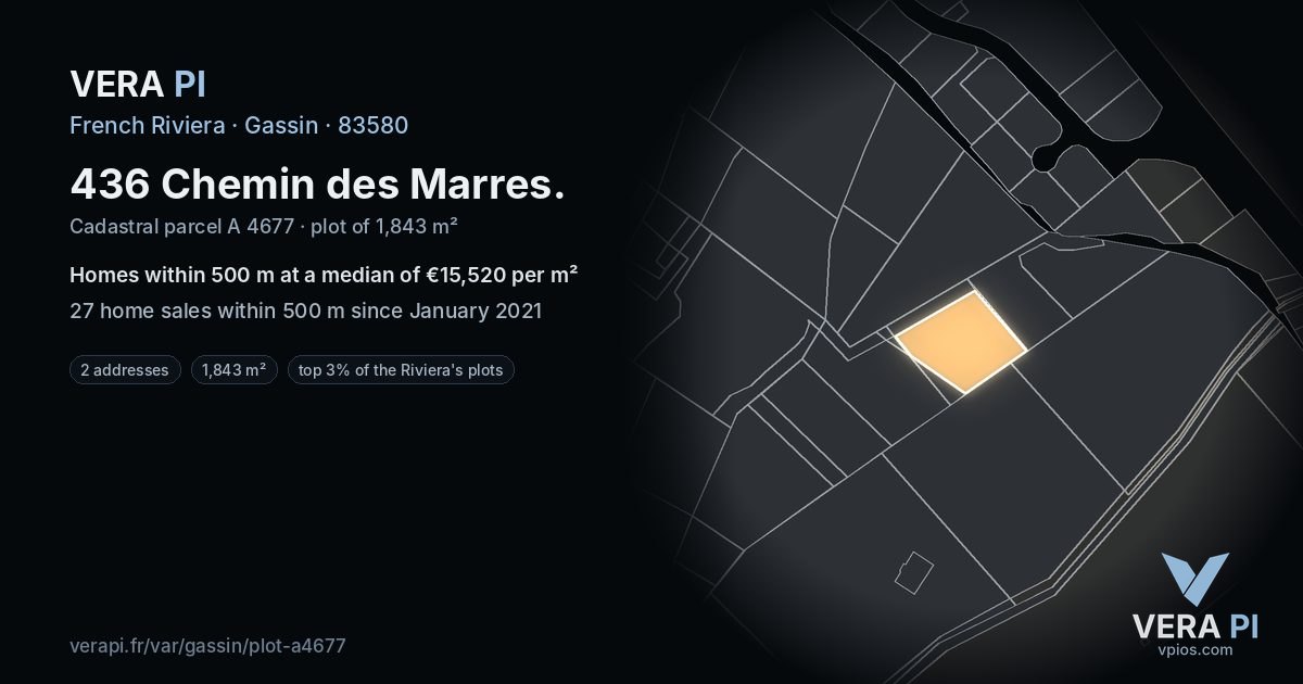 436 Chemin des Marres, Gassin at night – the plot lit, the parcels around coloured by the prices near them