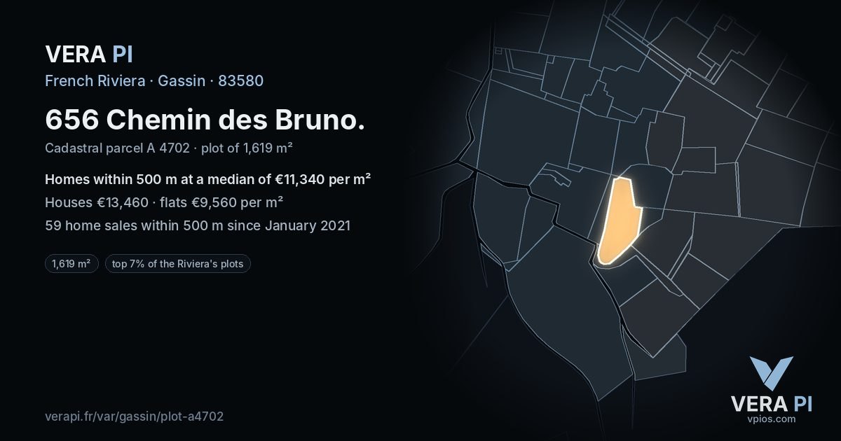 656 Chemin des Bruno, Gassin at night – the plot lit, the parcels around coloured by the prices near them