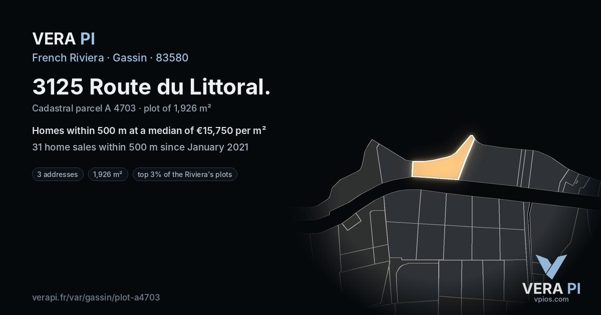3125 Route du Littoral, Gassin at night – the plot lit, the parcels around coloured by the prices near them