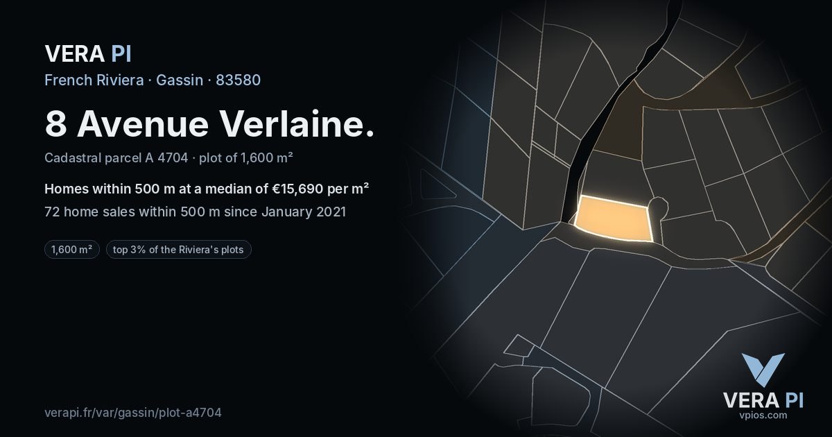 8 Avenue Verlaine, Gassin at night – the plot lit, the parcels around coloured by the prices near them