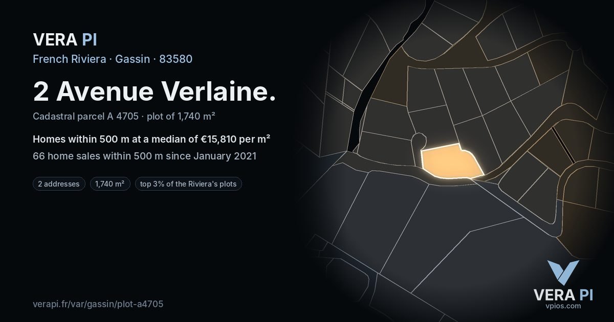 2 Avenue Verlaine, Gassin at night – the plot lit, the parcels around coloured by the prices near them