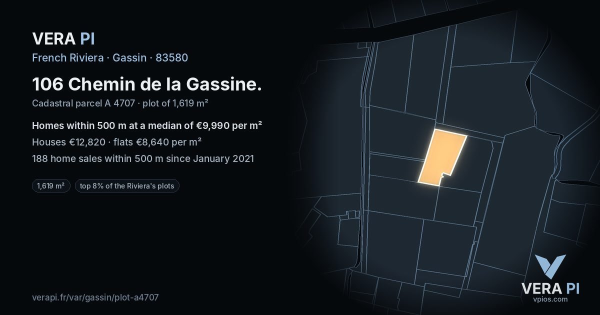 106 Chemin de la Gassine, Gassin at night – the plot lit, the parcels around coloured by the prices near them