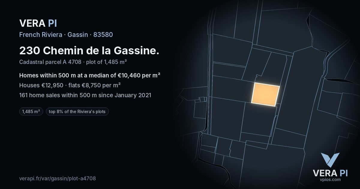 230 Chemin de la Gassine, Gassin at night – the plot lit, the parcels around coloured by the prices near them