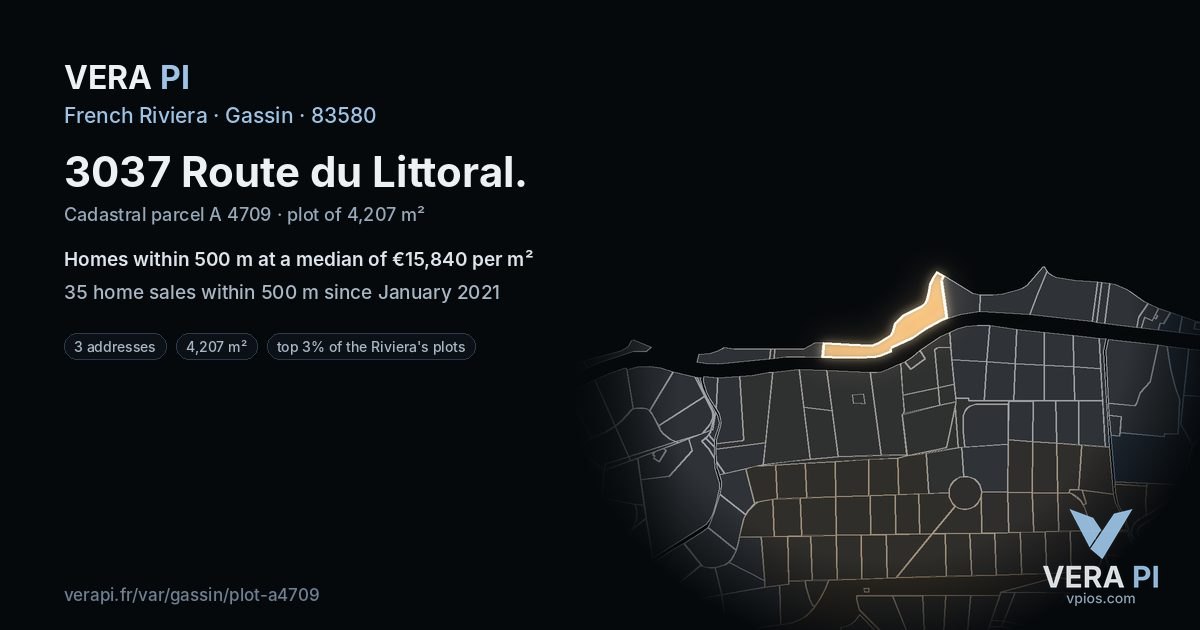 3037 Route du Littoral, Gassin at night – the plot lit, the parcels around coloured by the prices near them