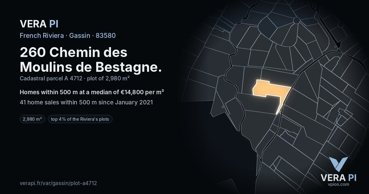 260 Chemin des Moulins de Bestagne, Gassin at night – the plot lit, the parcels around coloured by the prices near them
