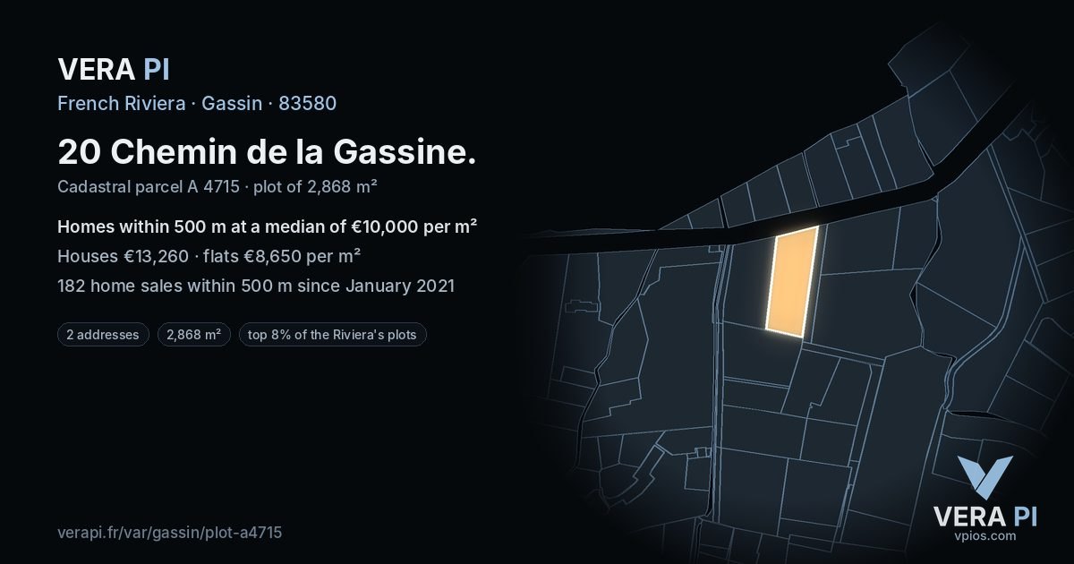 20 Chemin de la Gassine, Gassin at night – the plot lit, the parcels around coloured by the prices near them