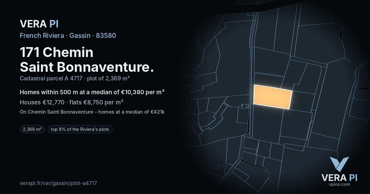 171 Chemin Saint Bonnaventure, Gassin at night – the plot lit, the parcels around coloured by the prices near them