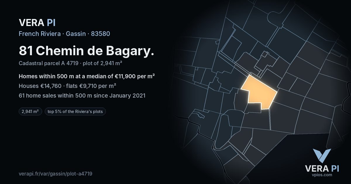81 Chemin de Bagary, Gassin at night – the plot lit, the parcels around coloured by the prices near them