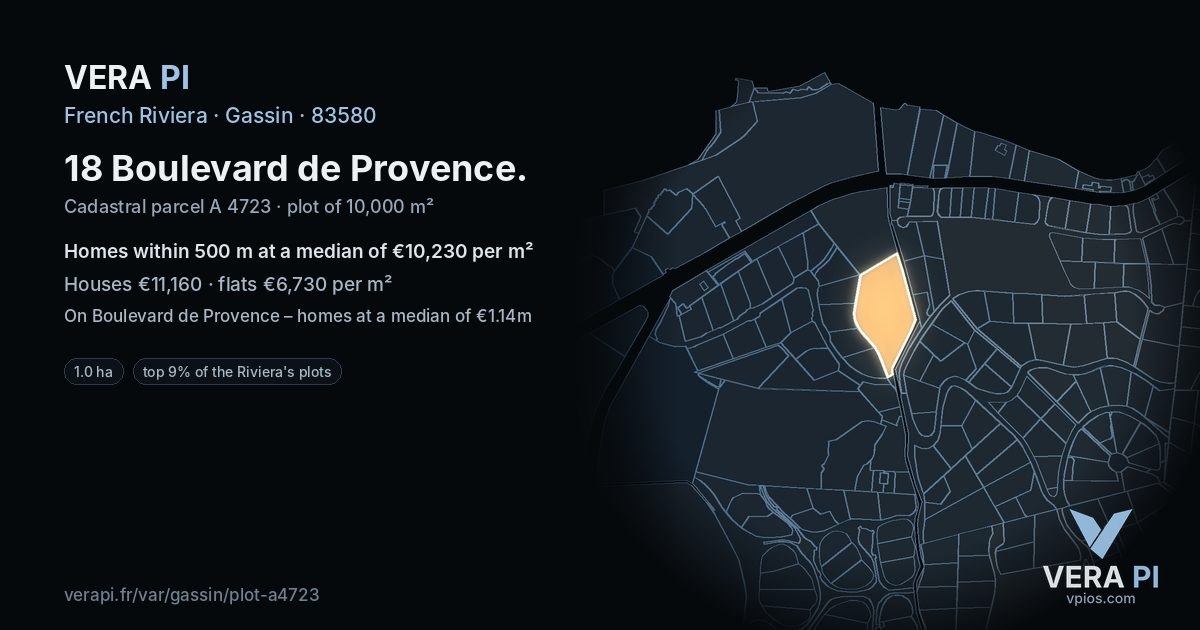 18 Boulevard de Provence, Gassin at night – the plot lit, the parcels around coloured by the prices near them