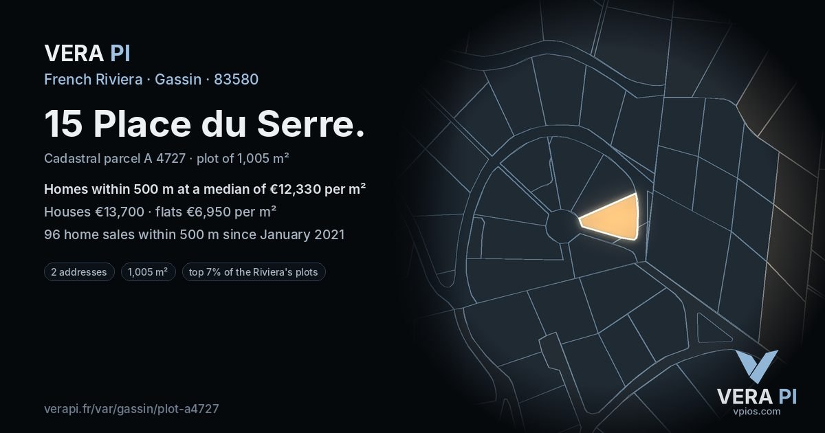 15 Place du Serre, Gassin at night – the plot lit, the parcels around coloured by the prices near them