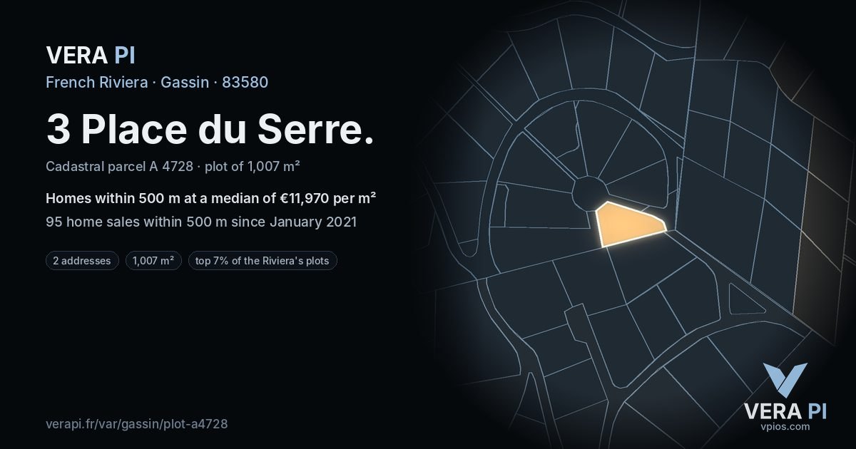 3 Place du Serre, Gassin at night – the plot lit, the parcels around coloured by the prices near them