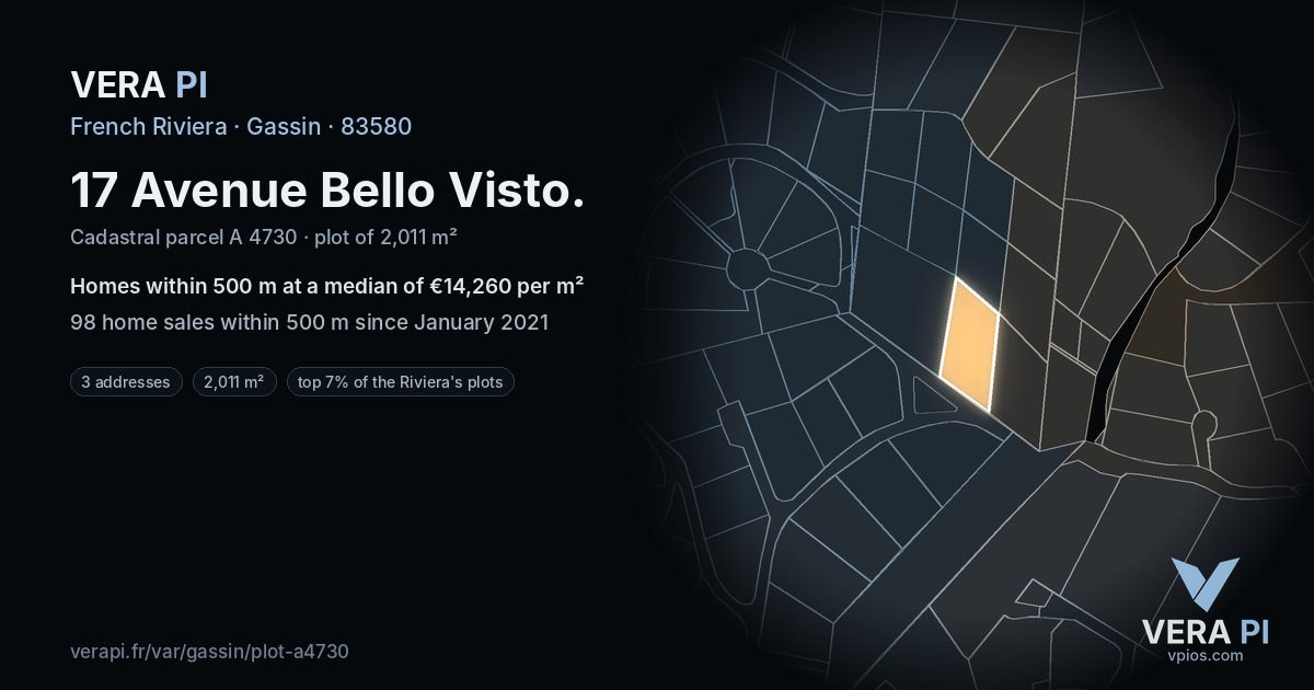 17 Avenue Bello Visto, Gassin at night – the plot lit, the parcels around coloured by the prices near them