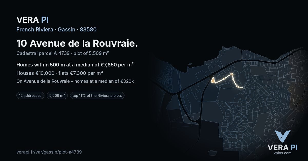 10 Avenue de la Rouvraie, Gassin at night – the plot lit, the parcels around coloured by the prices near them