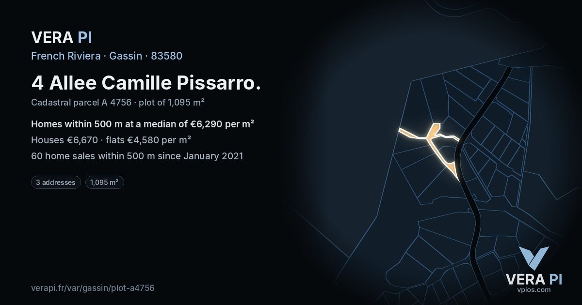 4 Allee Camille Pissarro, Gassin at night – the plot lit, the parcels around coloured by the prices near them
