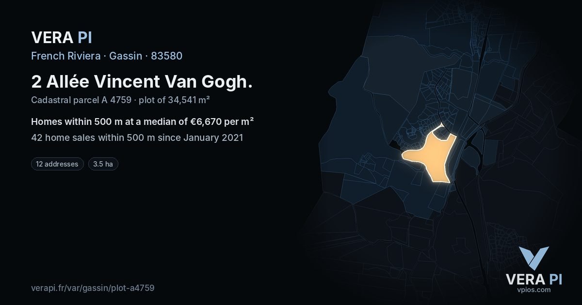 2 Allée Vincent Van Gogh, Gassin at night – the plot lit, the parcels around coloured by the prices near them