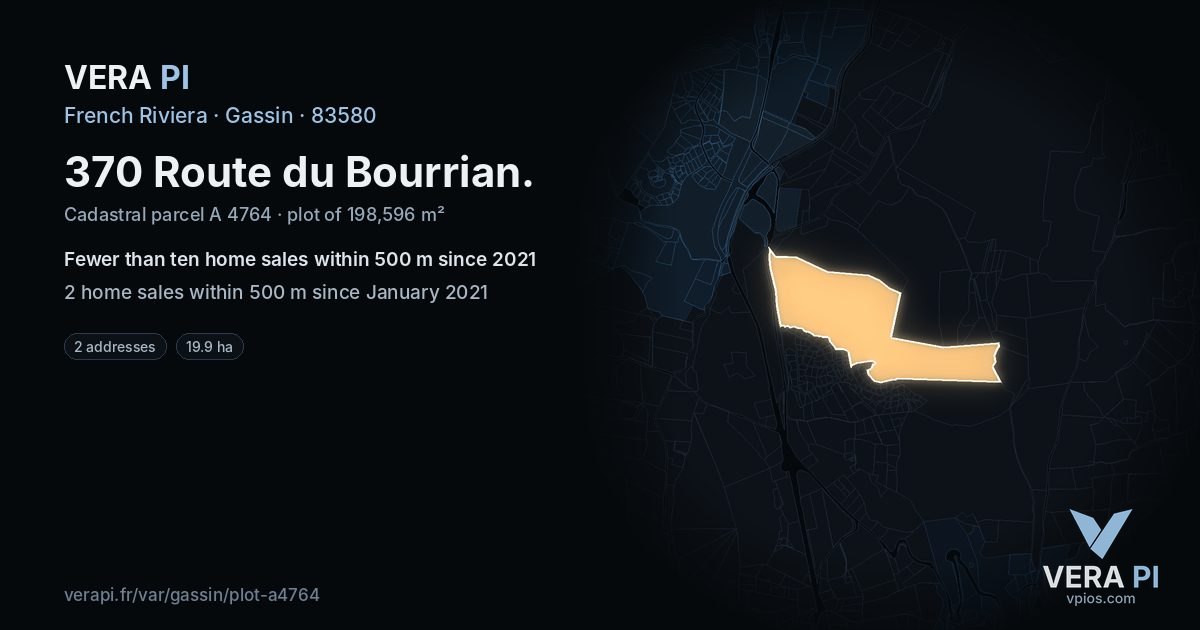 370 Route du Bourrian, Gassin at night – the plot lit, the parcels around coloured by the prices near them