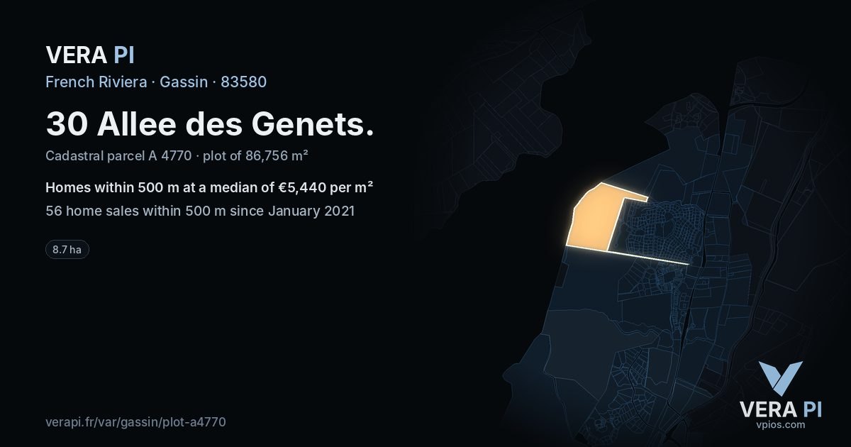 30 Allee des Genets, Gassin at night – the plot lit, the parcels around coloured by the prices near them