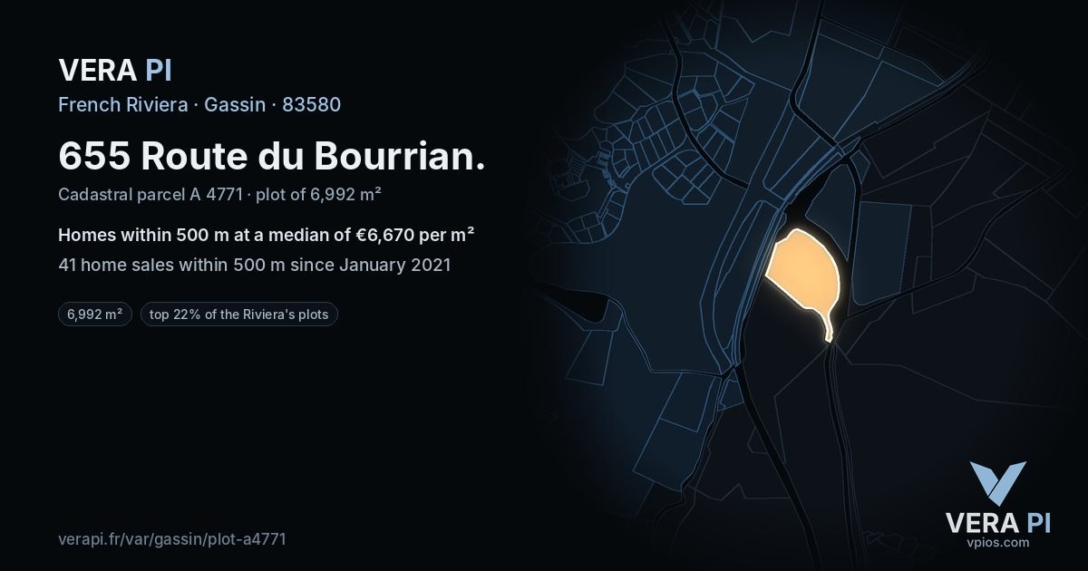 655 Route du Bourrian, Gassin at night – the plot lit, the parcels around coloured by the prices near them