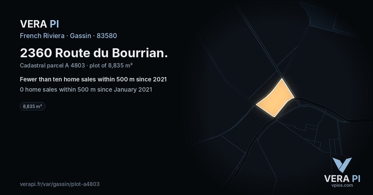 2360 Route du Bourrian, Gassin at night – the plot lit, the parcels around coloured by the prices near them