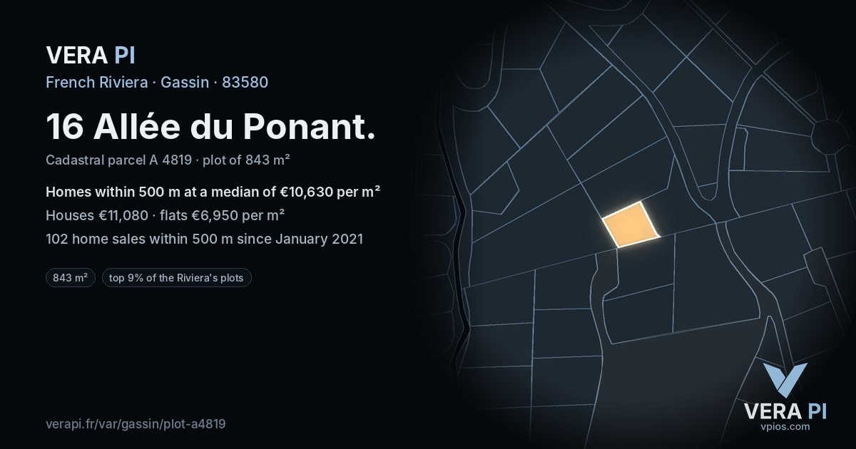 16 Allée du Ponant, Gassin at night – the plot lit, the parcels around coloured by the prices near them