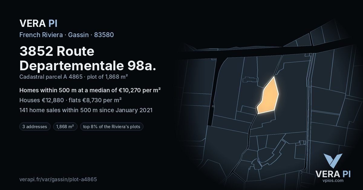 3852 Route Departementale 98a, Gassin at night – the plot lit, the parcels around coloured by the prices near them