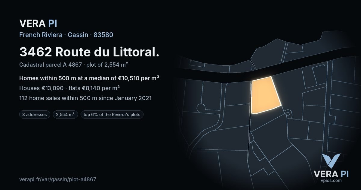 3462 Route du Littoral, Gassin at night – the plot lit, the parcels around coloured by the prices near them