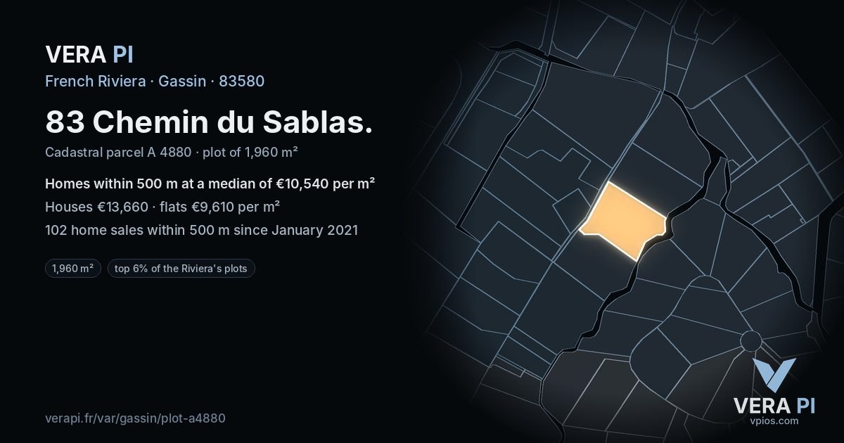 83 Chemin du Sablas, Gassin at night – the plot lit, the parcels around coloured by the prices near them