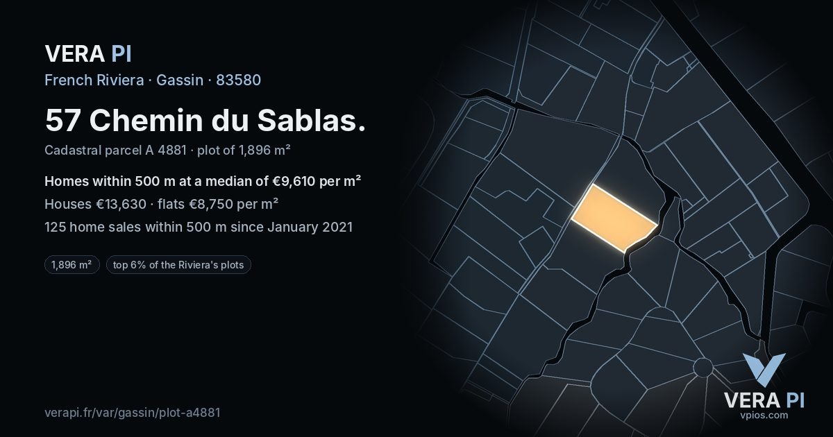 57 Chemin du Sablas, Gassin at night – the plot lit, the parcels around coloured by the prices near them