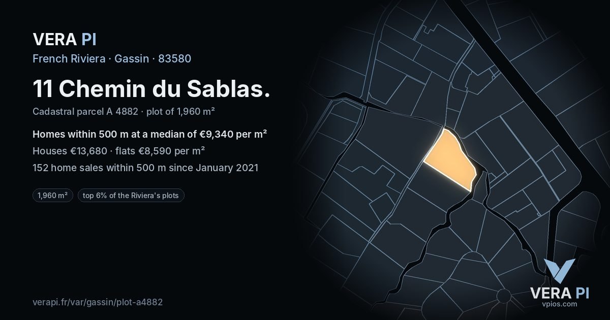11 Chemin du Sablas, Gassin at night – the plot lit, the parcels around coloured by the prices near them