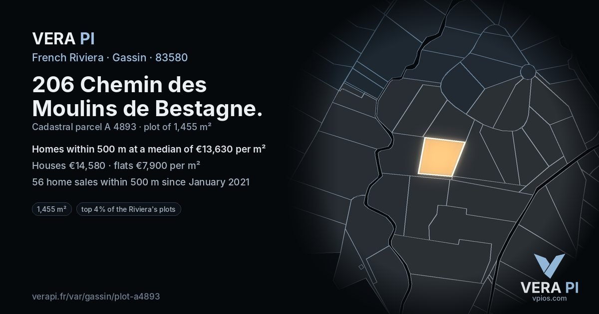 206 Chemin des Moulins de Bestagne, Gassin at night – the plot lit, the parcels around coloured by the prices near them