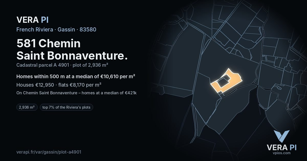 581 Chemin Saint Bonnaventure, Gassin at night – the plot lit, the parcels around coloured by the prices near them