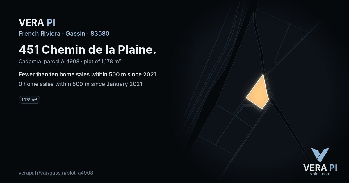 451 Chemin de la Plaine, Gassin at night – the plot lit, the parcels around coloured by the prices near them