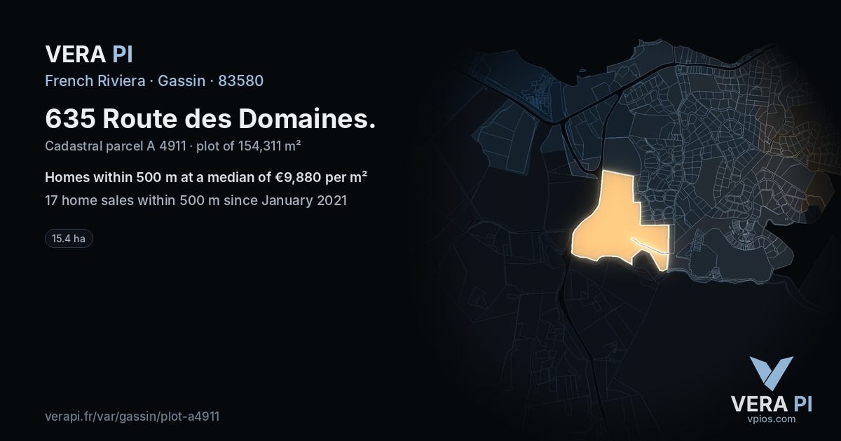 635 Route des Domaines, Gassin at night – the plot lit, the parcels around coloured by the prices near them