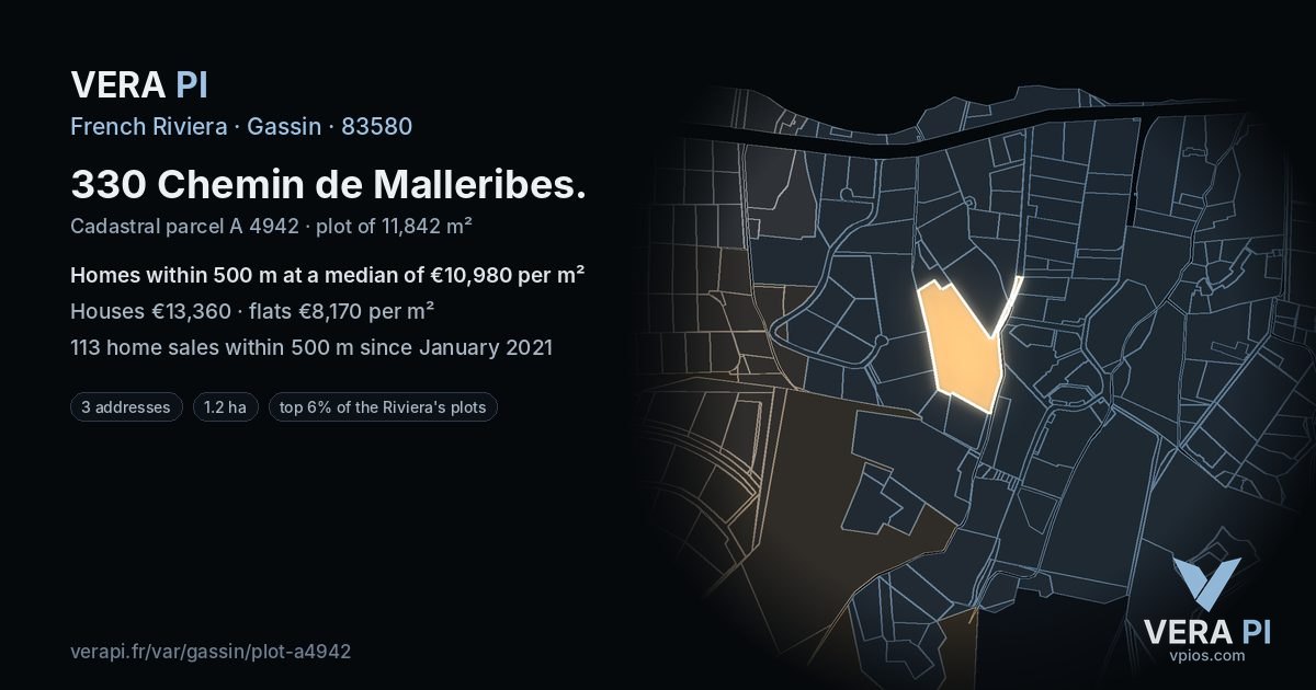 330 Chemin de Malleribes, Gassin at night – the plot lit, the parcels around coloured by the prices near them