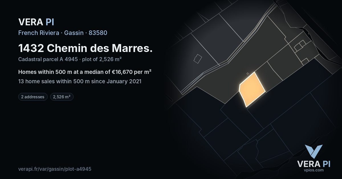 1432 Chemin des Marres, Gassin at night – the plot lit, the parcels around coloured by the prices near them
