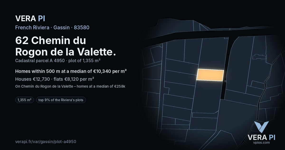 62 Chemin du Rogon de la Valette, Gassin at night – the plot lit, the parcels around coloured by the prices near them