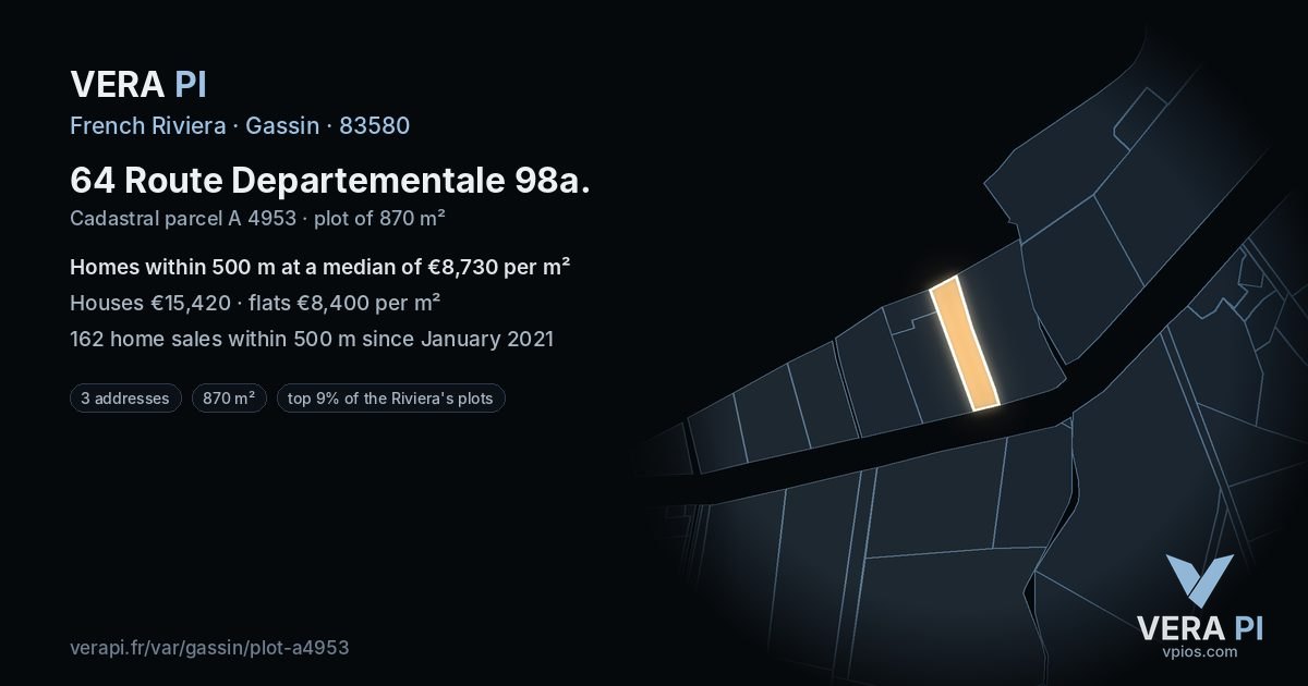 64 Route Departementale 98a, Gassin at night – the plot lit, the parcels around coloured by the prices near them