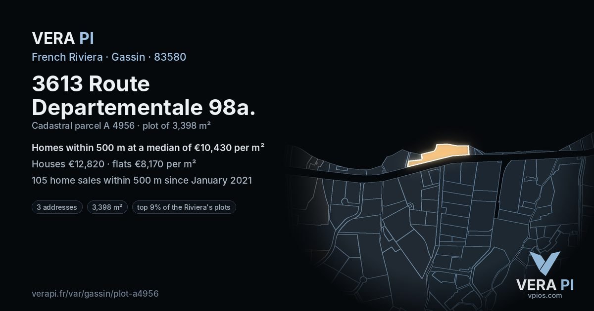 3613 Route Departementale 98a, Gassin at night – the plot lit, the parcels around coloured by the prices near them