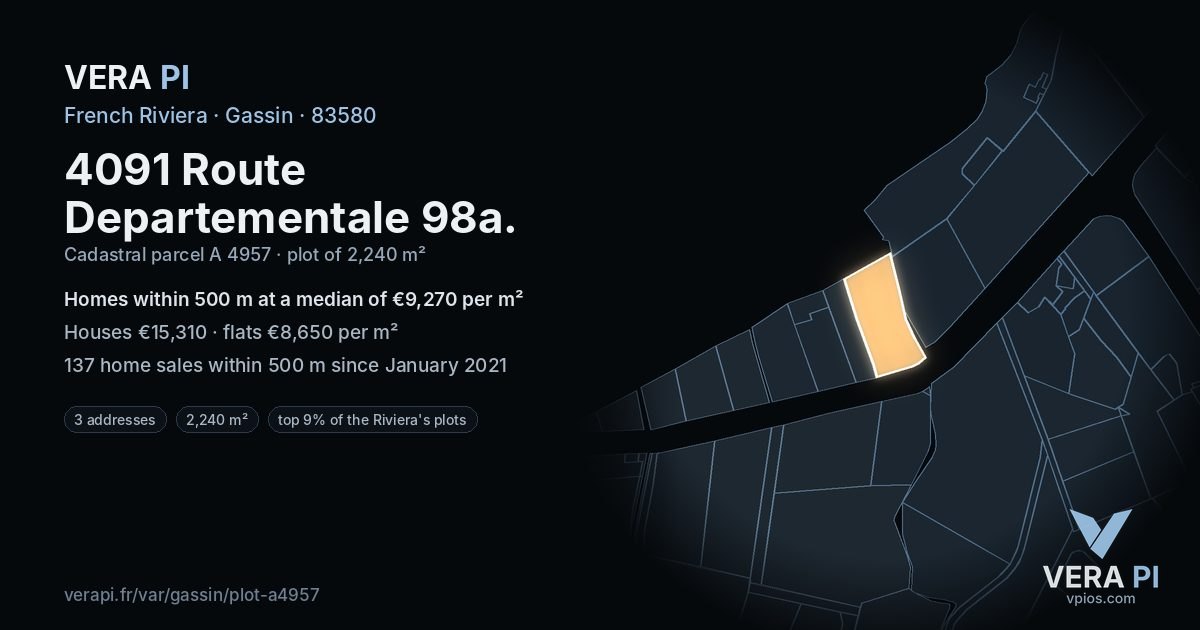 4091 Route Departementale 98a, Gassin at night – the plot lit, the parcels around coloured by the prices near them